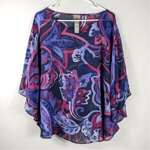 Chico’s S/M Blue Purple Paisley Blouse Womens Flowy Batwing Sleeve Top Light